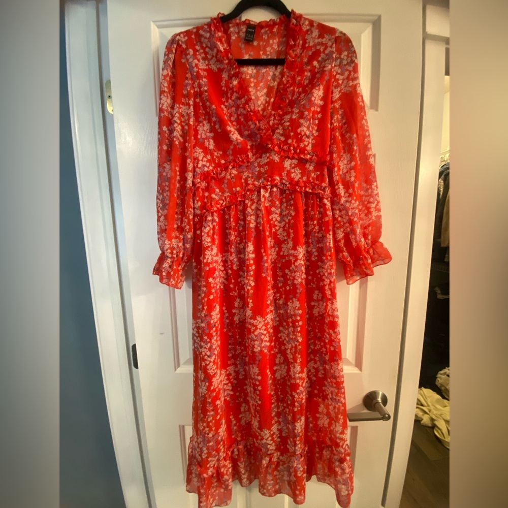 SHEIN Vibrant Long Sleeve Red Floral Dress